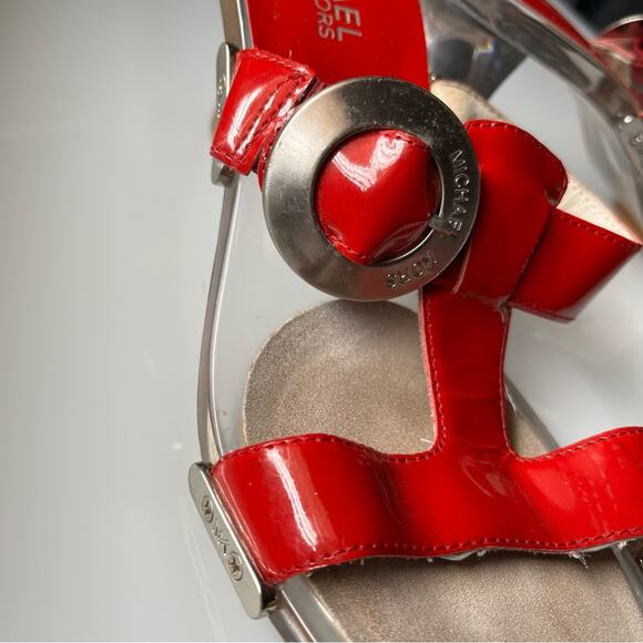 Michael Kors• Red Leather Sandals Platform Heels Silver Buckled Clear Heel - Picture 4 of 13